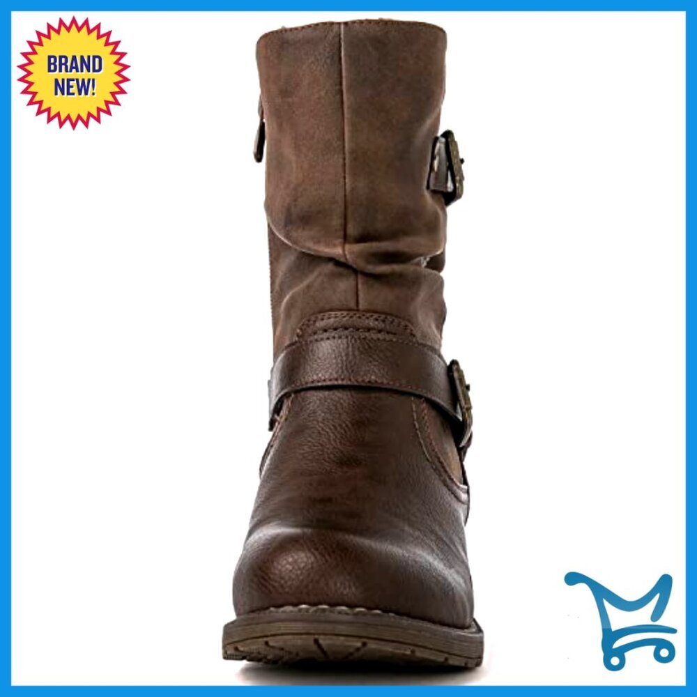 Women's Combat Ankle Boots with Buckles, Zipper Closure, 1-Inch Heel - Picture 4 of 7